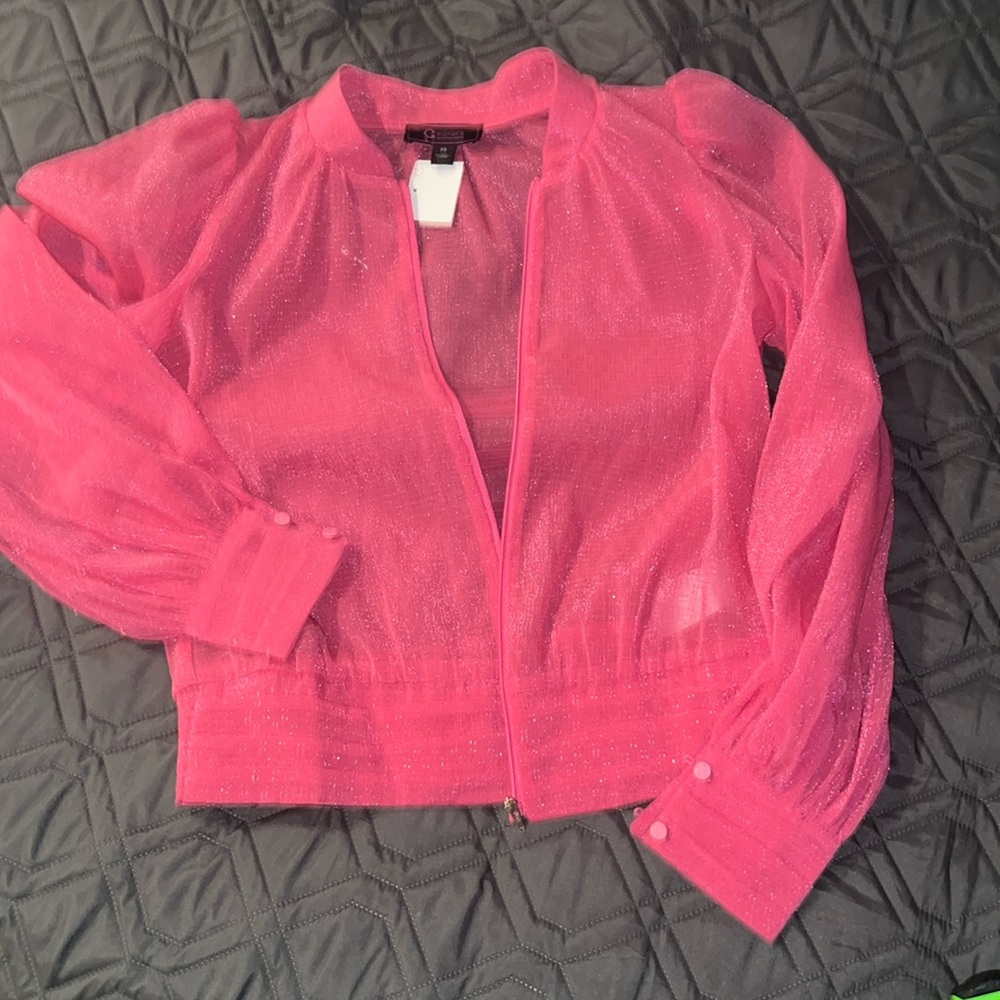 Elegant Pink Sheer Blouse with Zip, pleaded, cuffed sleeves,gorgeous color,